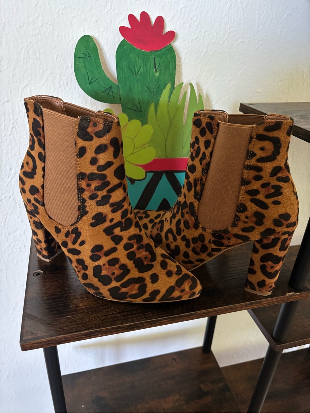 Leopard Print Ankle Heeled Boots - Brown/Black